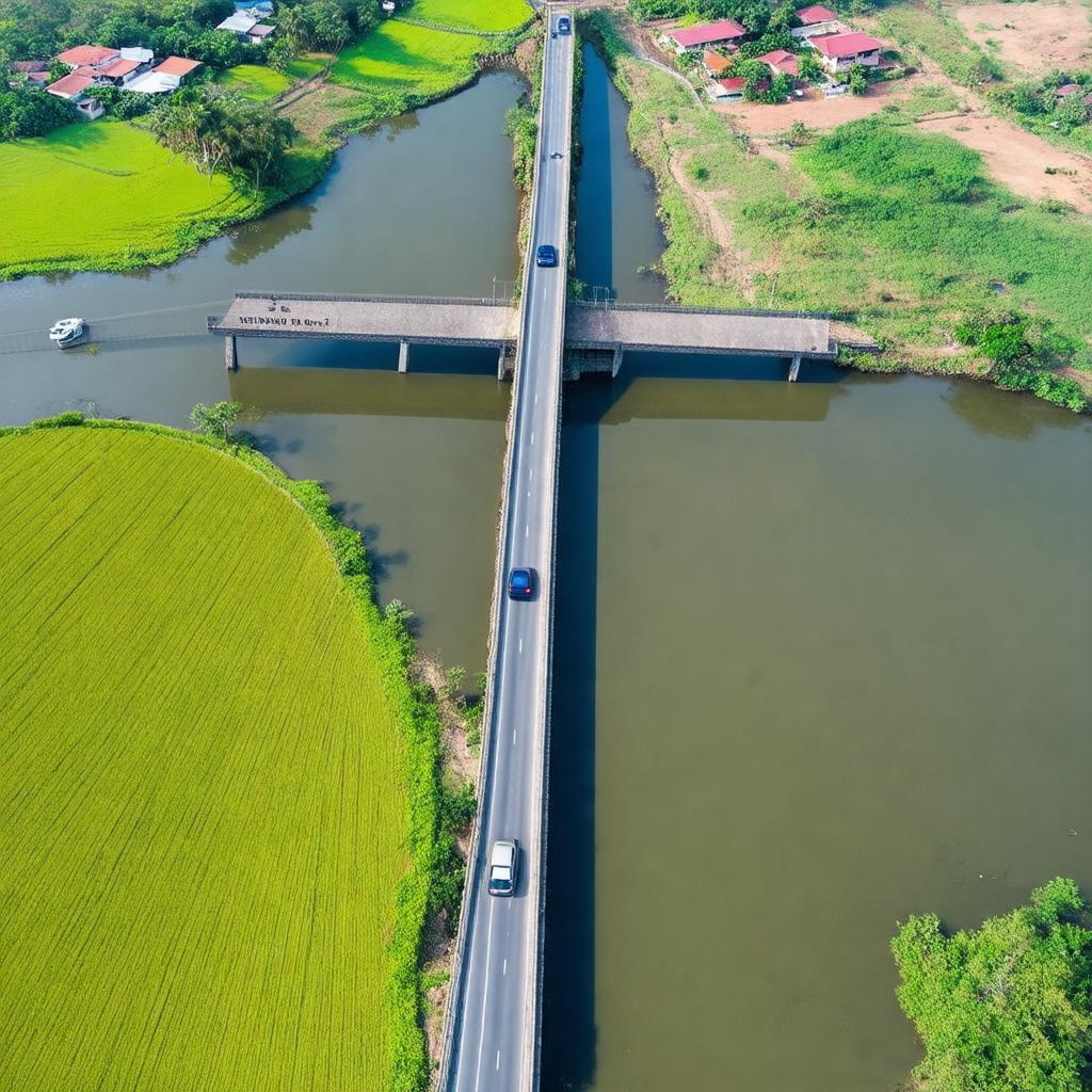 Toan canh Cầu Xà Tạ va khu vuc lan can xa Vinh Phu Dong nhin tu tren cao